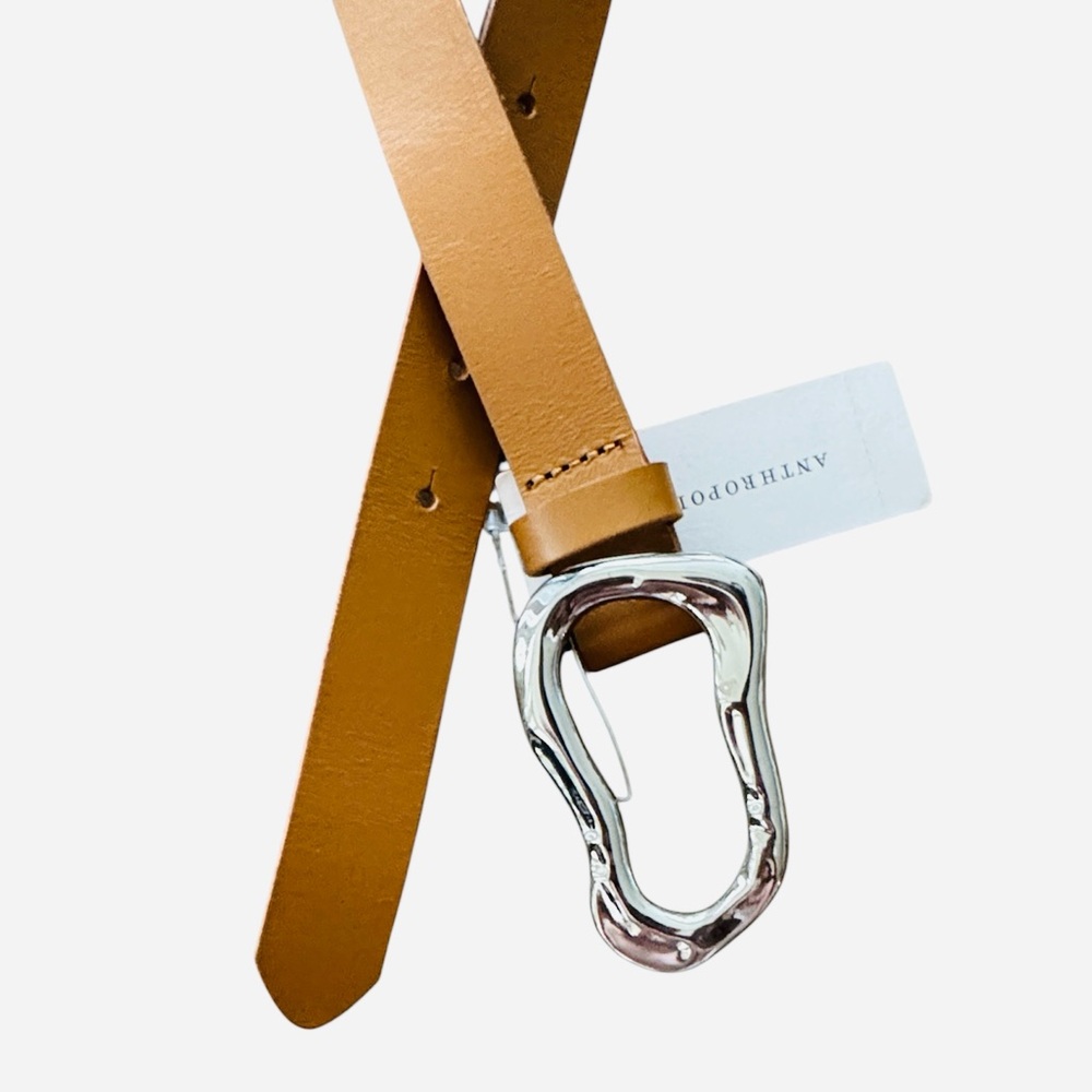 Anthropologie Linea Pelle Sculptural Buckle Leather Belt Honey Silver Size Large - Picture 5 of 10